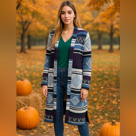 Longline Knit Cardigan Sweater Duster Geometric Aztec Boho Southwestern purple - Picture 3 of 11